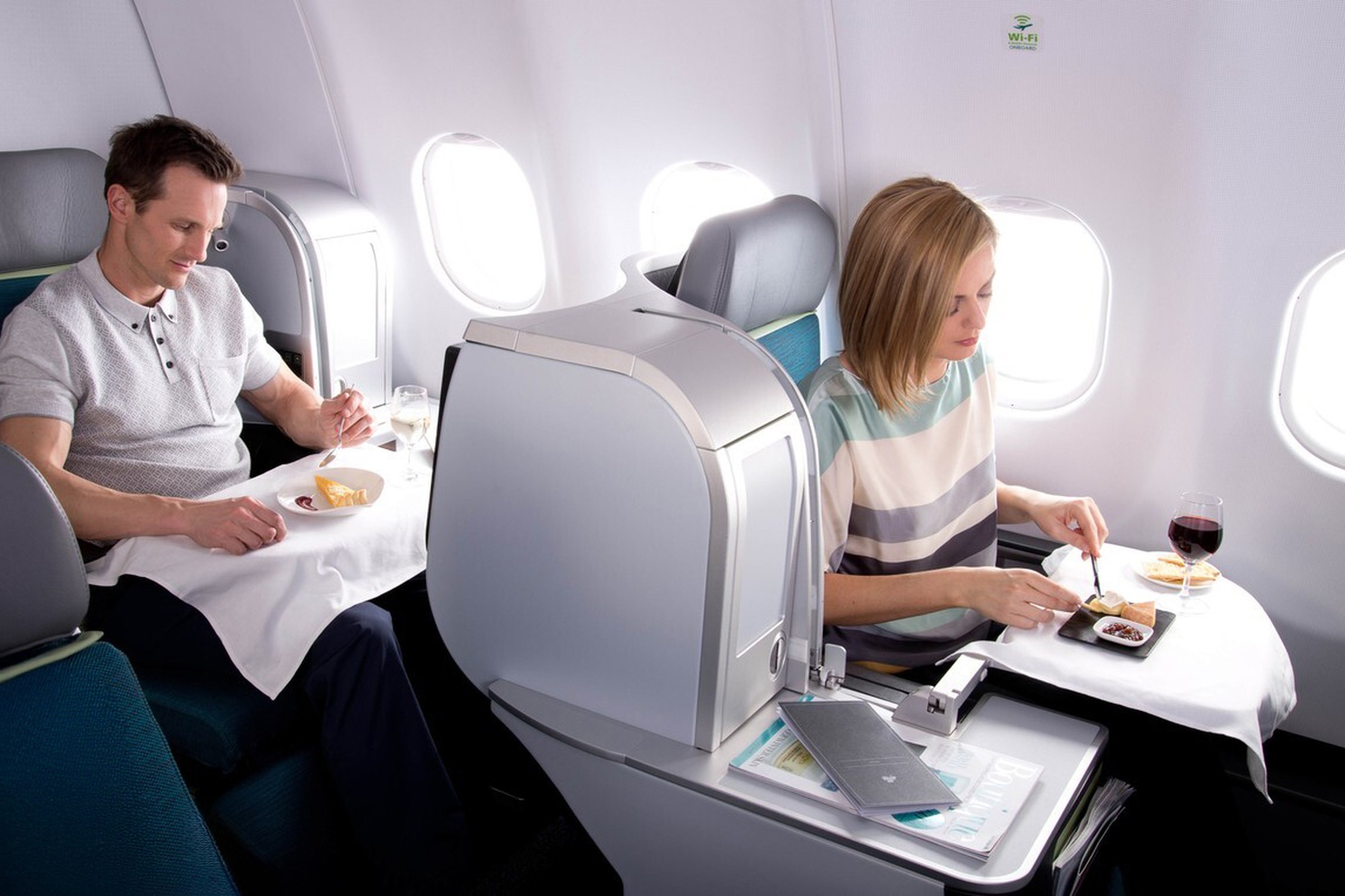 Dining in Aer Lingus Business Class features a multi-course meal service with Irish-inspired cuisine served in the skies. Photo by Aer Lingus.