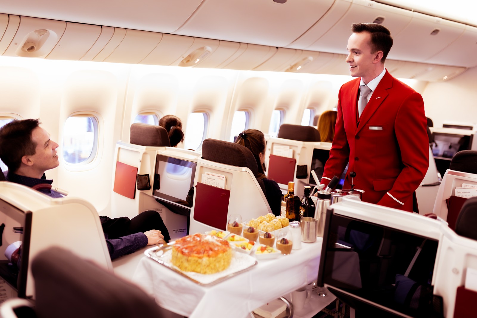 Personalized dining service to Business Class passengers on the Austrian Airlines Boeing 767. Photo by Austrian Airlines.