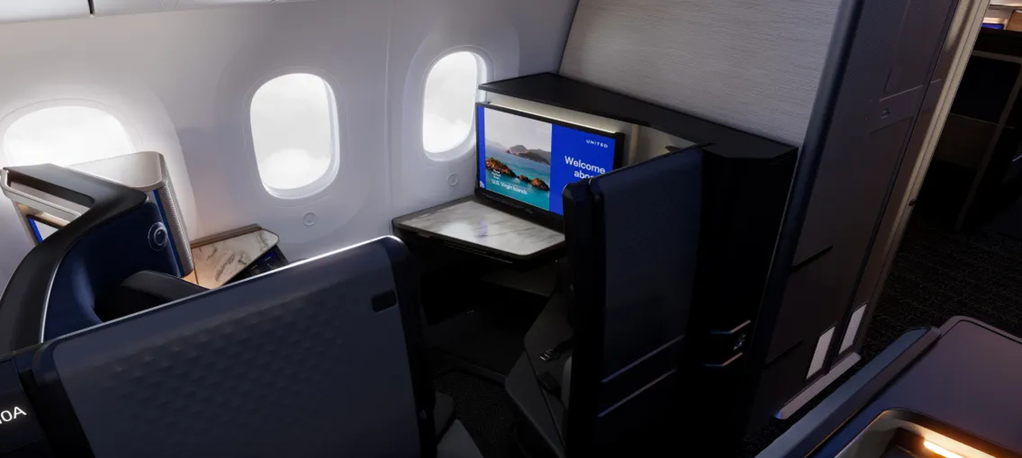 United Airlines’ new Polaris Studio with larger suites and 27-inch 4K OLED screens. Photo by United Airlines.