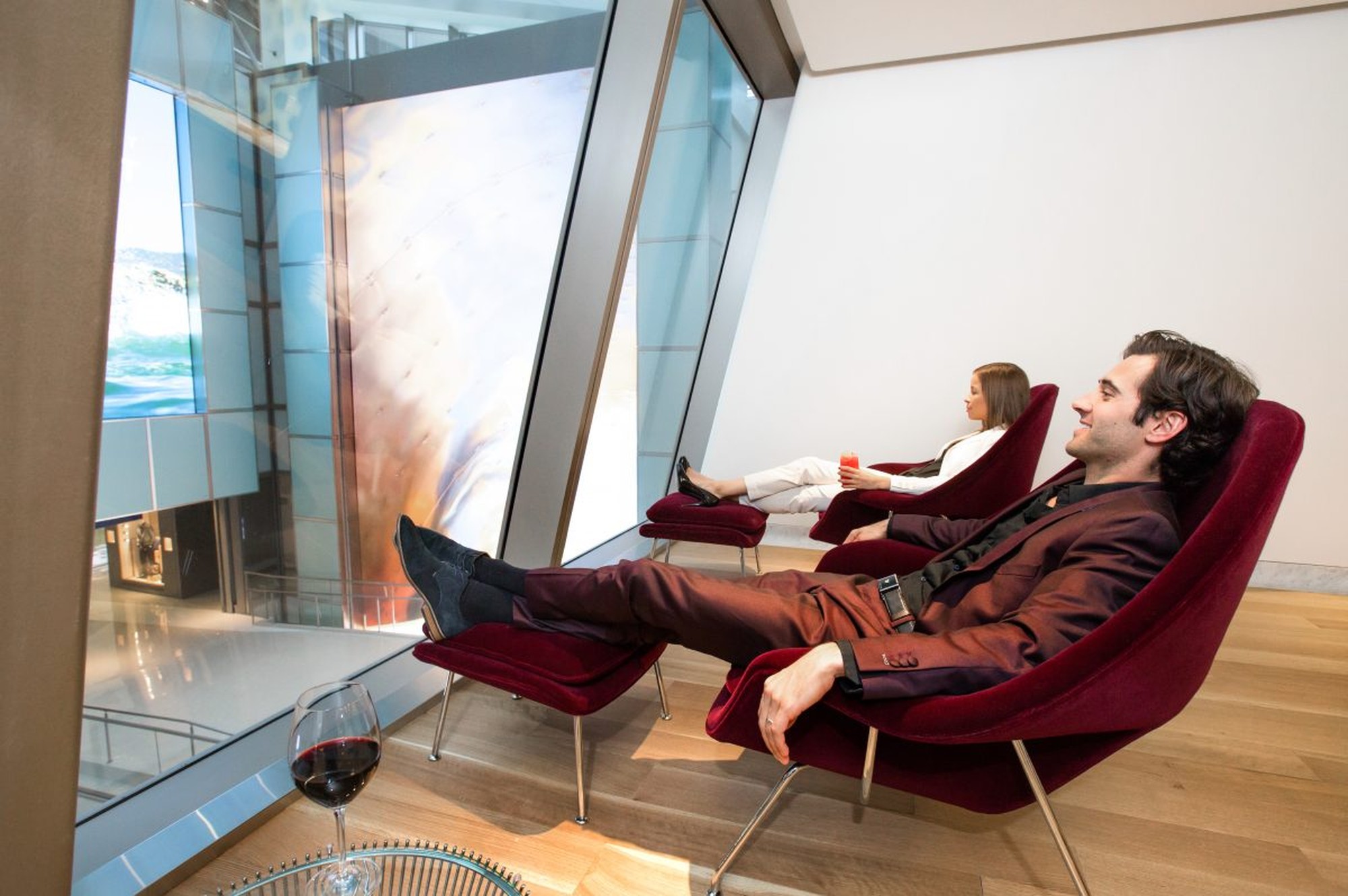 Qantas First Lounge at Los Angeles International Airport, Tom Bradley International Terminal, featuring a relaxation area with reclined seating. Photo by Qantas.
