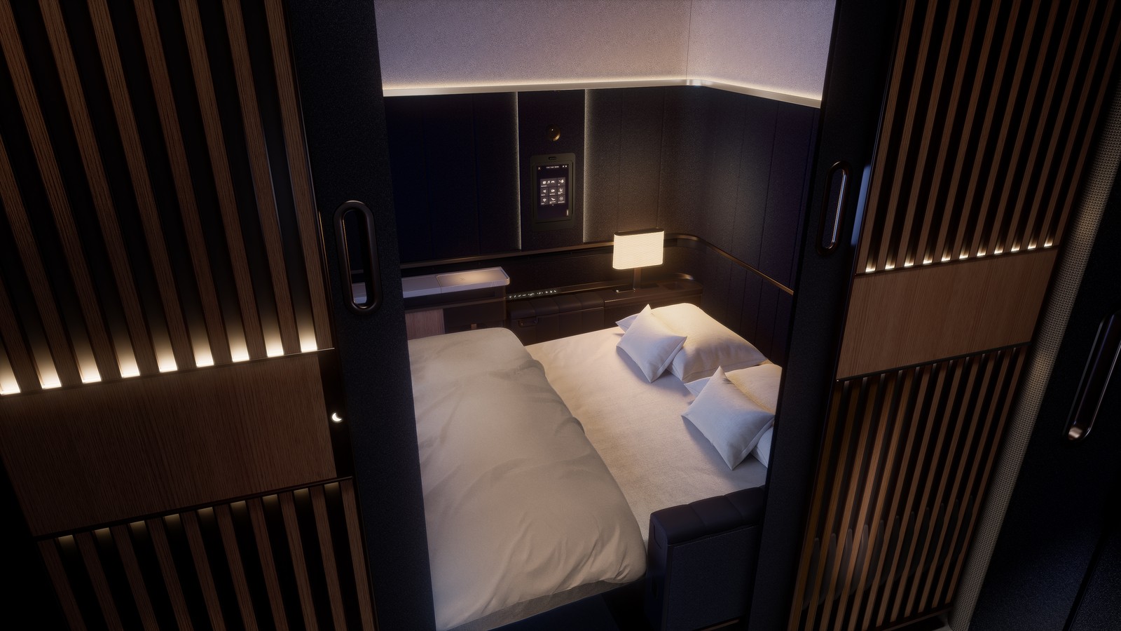 Fully enclosed First Class Suite Plus in the Lufthansa Allegris cabin, designed to provide maximum privacy and personal space on long-haul flights. Photo by Lufthansa.
