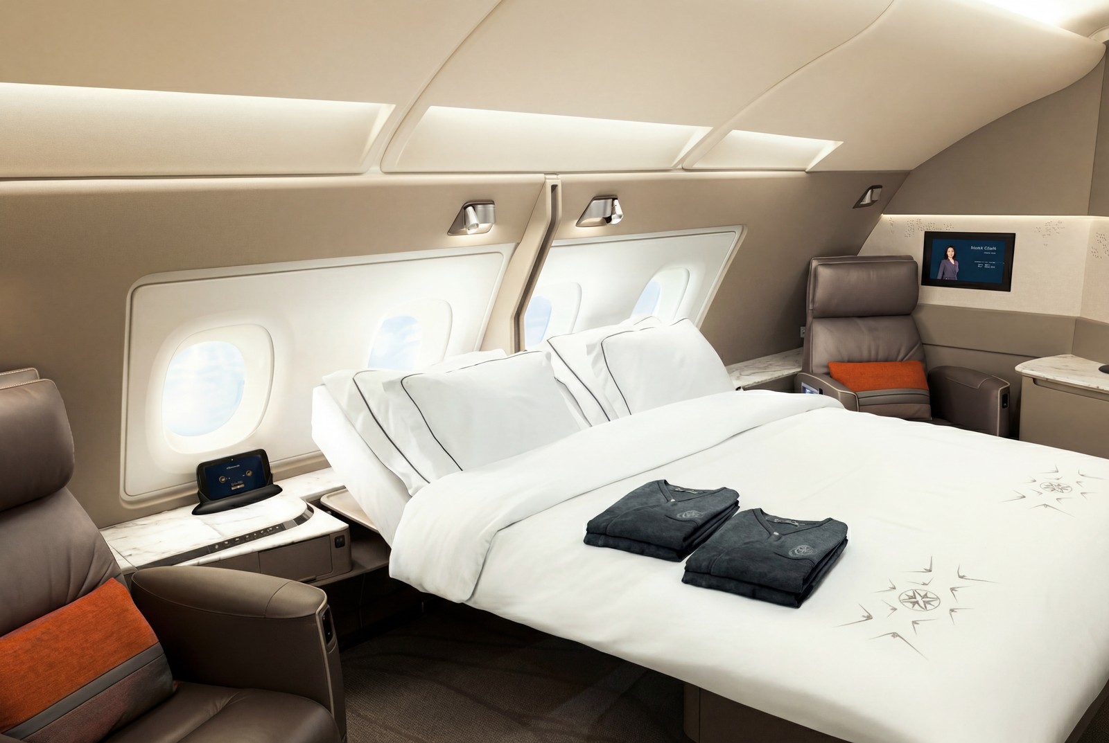 Double First Class Suite on Singapore Airlines Airbus A380, offering a shared luxury experience with a full-size bed on long-haul flights. Photo by Singapore Airlines.