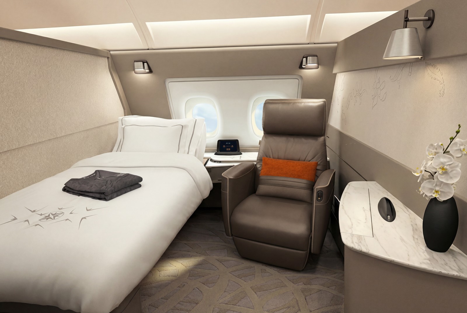 Private First Class suite on Singapore Airlines, designed as a personal sanctuary with exceptional space and privacy for long-haul travel. Photo by Singapore Airlines.