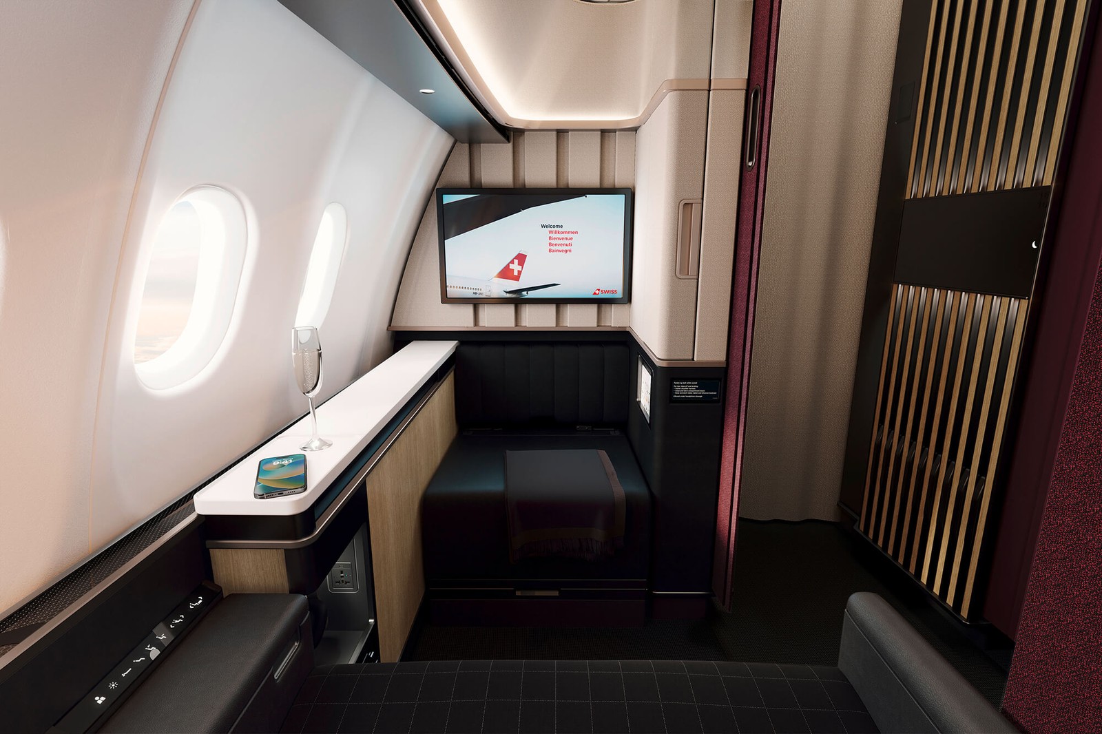 Private First Class suite from the SWISS Senses concept with enhanced personal space. Photo by SWISS.