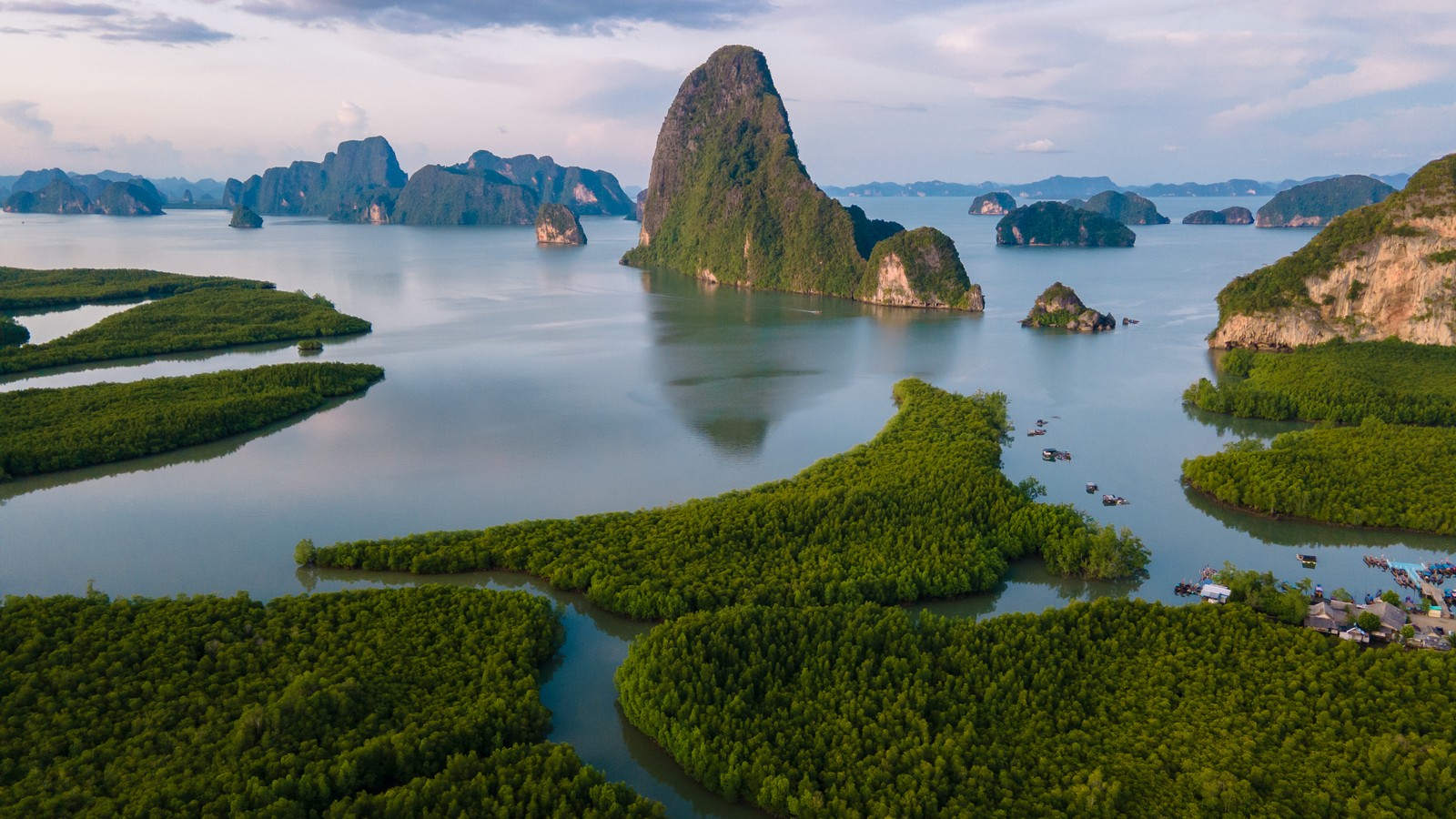 Samet Nangshe Viewpoint, Phang Nga Bay. A breathtaking aerial view of iconic limestone islands surrounded by calm turquoise water.