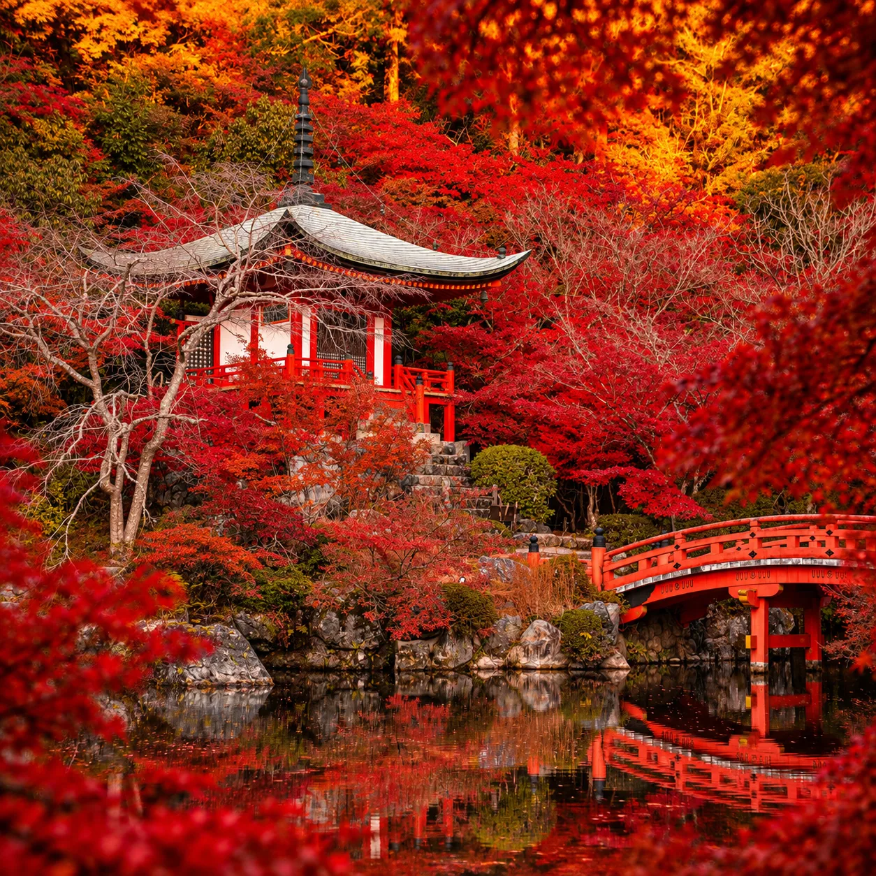 A red bridge over a body of water surrounded by trees..png