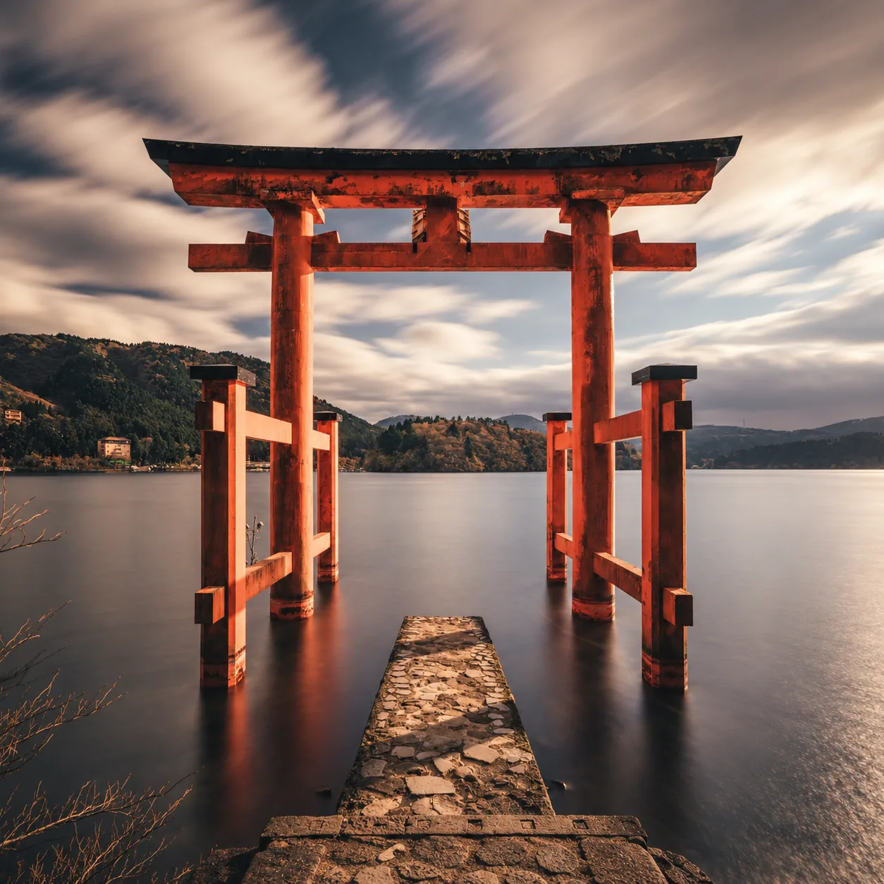 Hakone Shrine’s lakeside torii at Lake Ashi..png