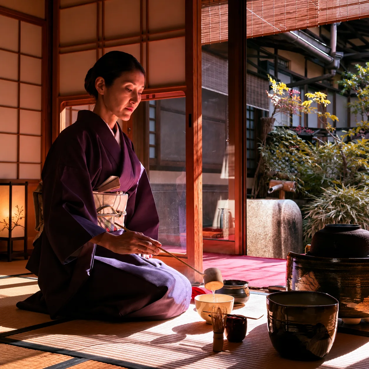 Woman in kimono performs traditional tea ceremony.png